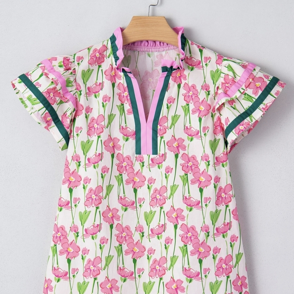 Pink Floral Girls' Tunic with Green Trim